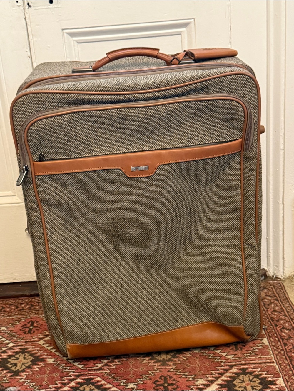 Men's Carry-On Rolling Suitcase in Tweed Gray with Tan Accents